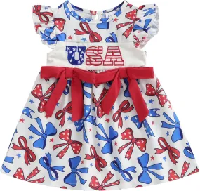 4th of July Toddler Girl Outfit Fourth of July USA/Bow/Flag Print Smocked Dress Little Girls Independence Day Clothes