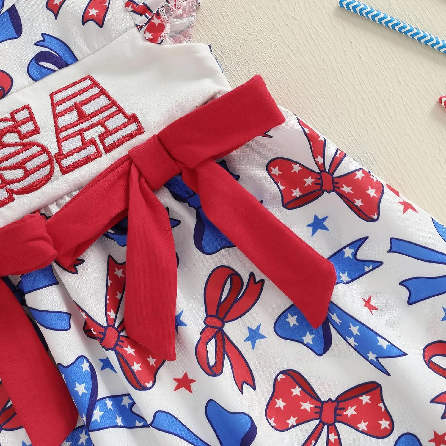 4th of July Toddler Girl Outfit Fourth of July USA/Bow/Flag Print Smocked Dress Little Girls Independence Day Clothes