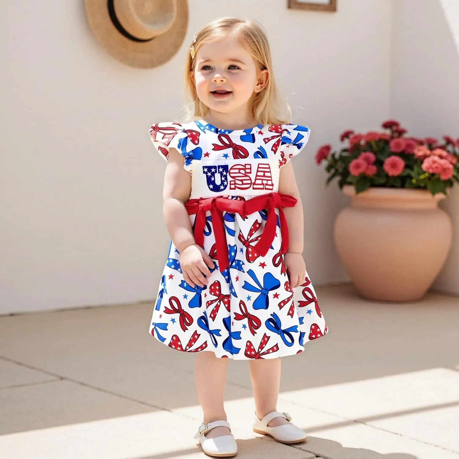 4th of July Toddler Girl Outfit Fourth of July USA/Bow/Flag Print Smocked Dress Little Girls Independence Day Clothes