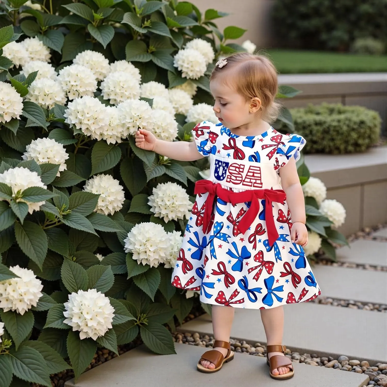 4th of July Toddler Girl Outfit Fourth of July USA/Bow/Flag Print Smocked Dress Little Girls Independence Day Clothes