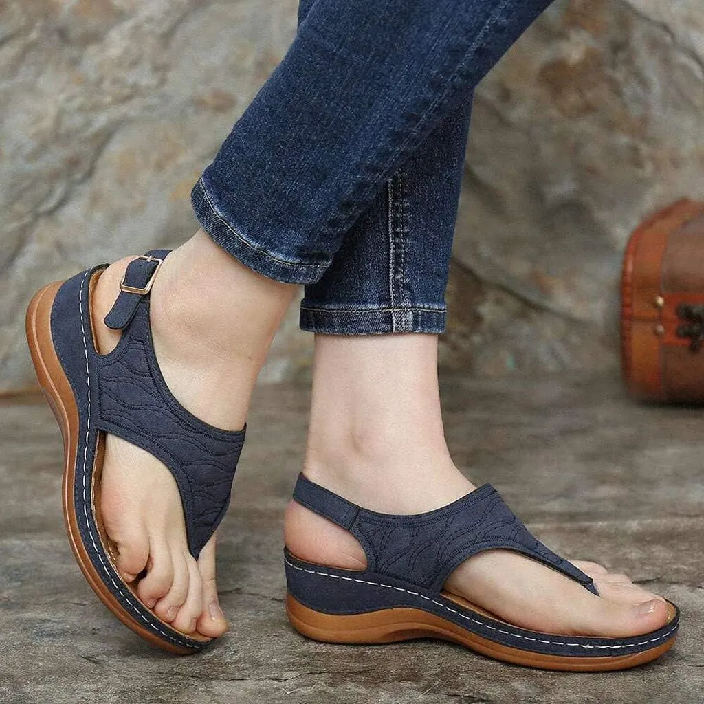 Aniywn T-Strap Wedge Sandals for Women,Summer Comfort Flat Sandals Ankle Strap Platform Slip On Sandals Walking Shoes
