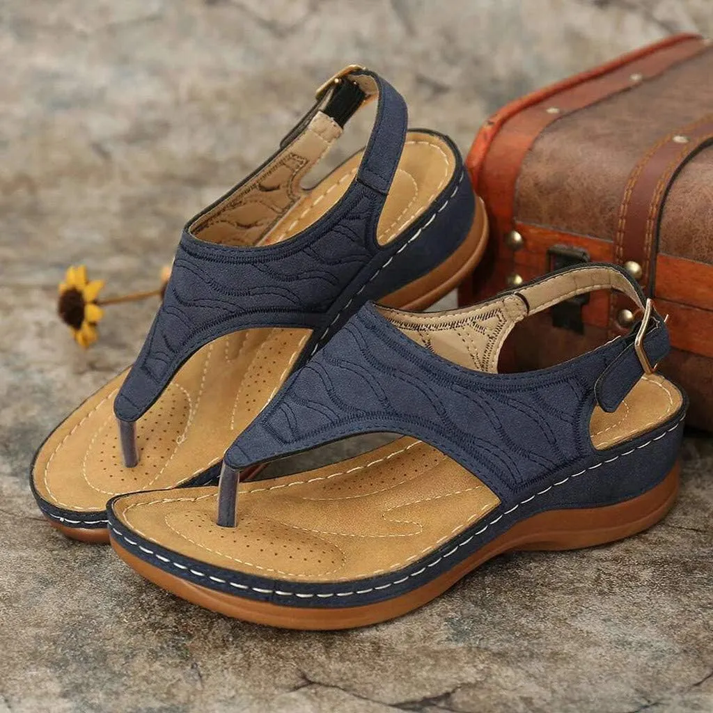 Aniywn T-Strap Wedge Sandals for Women,Summer Comfort Flat Sandals Ankle Strap Platform Slip On Sandals Walking Shoes