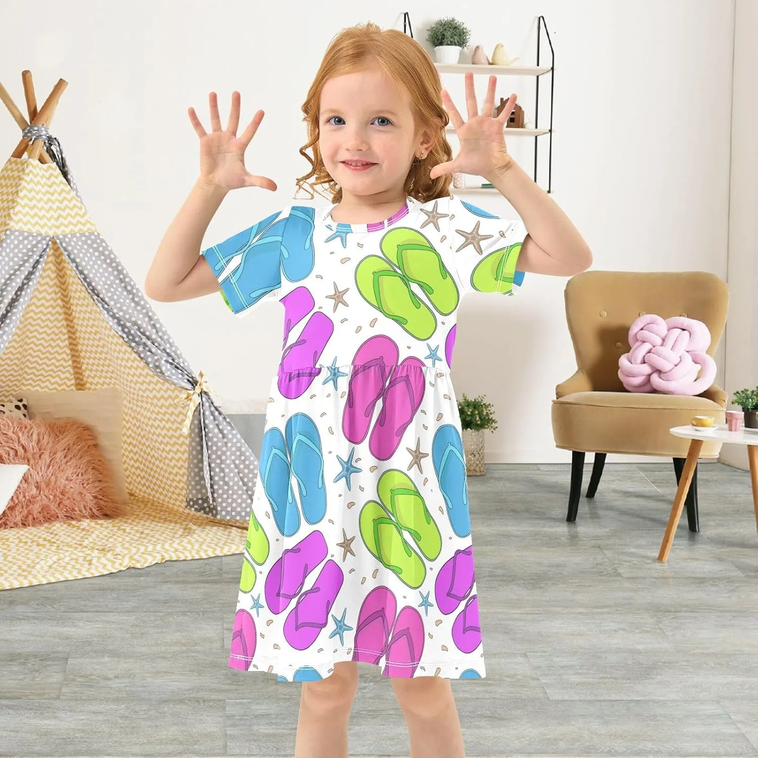 Boccsty Blue Pink Flip Flops Starfish Baby Girls Dress Kids Toddler Sundress Party Summer Dresses 2T