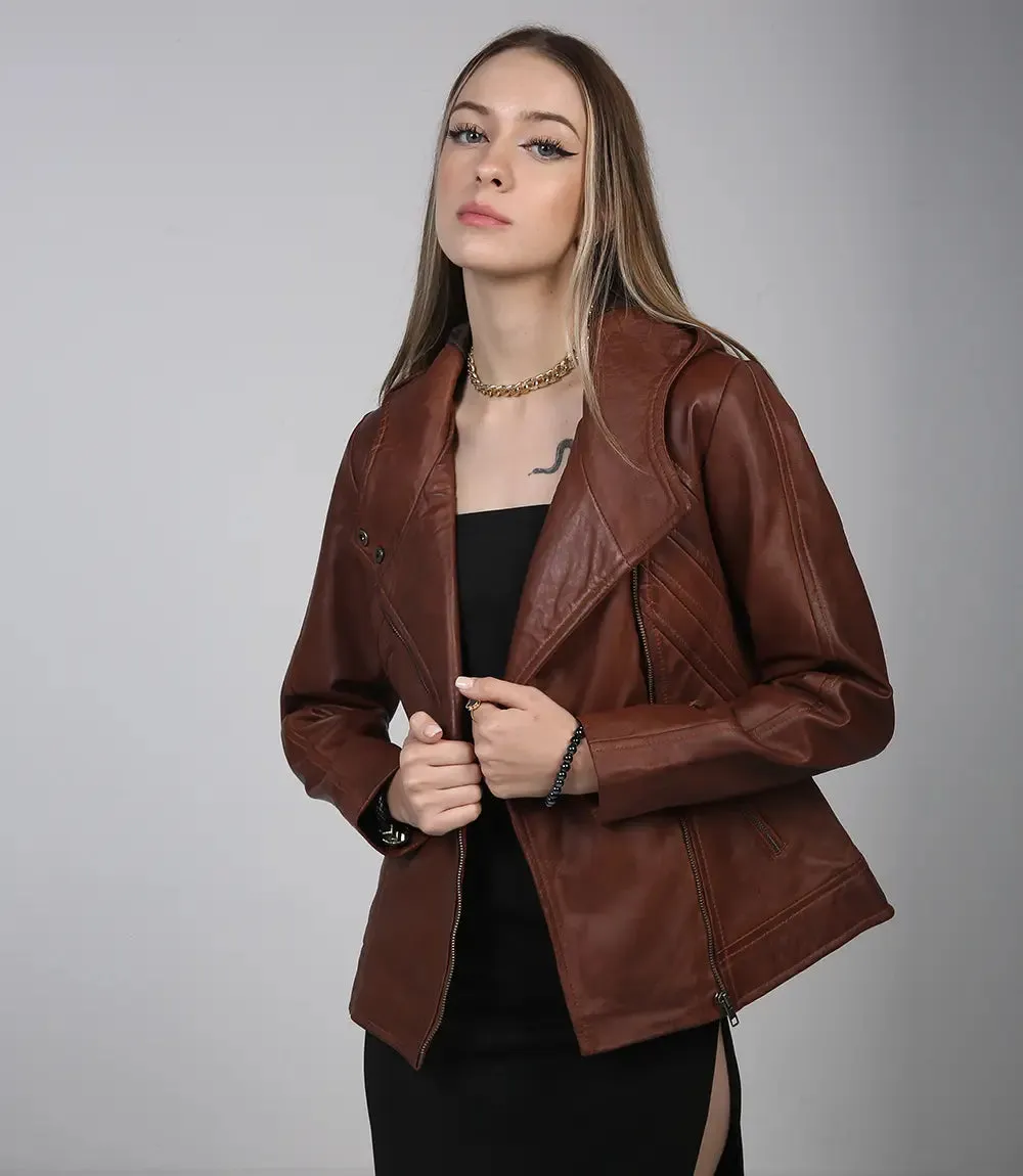 Cidra Women Asymmetrical Brown Hooded Leather Jacket