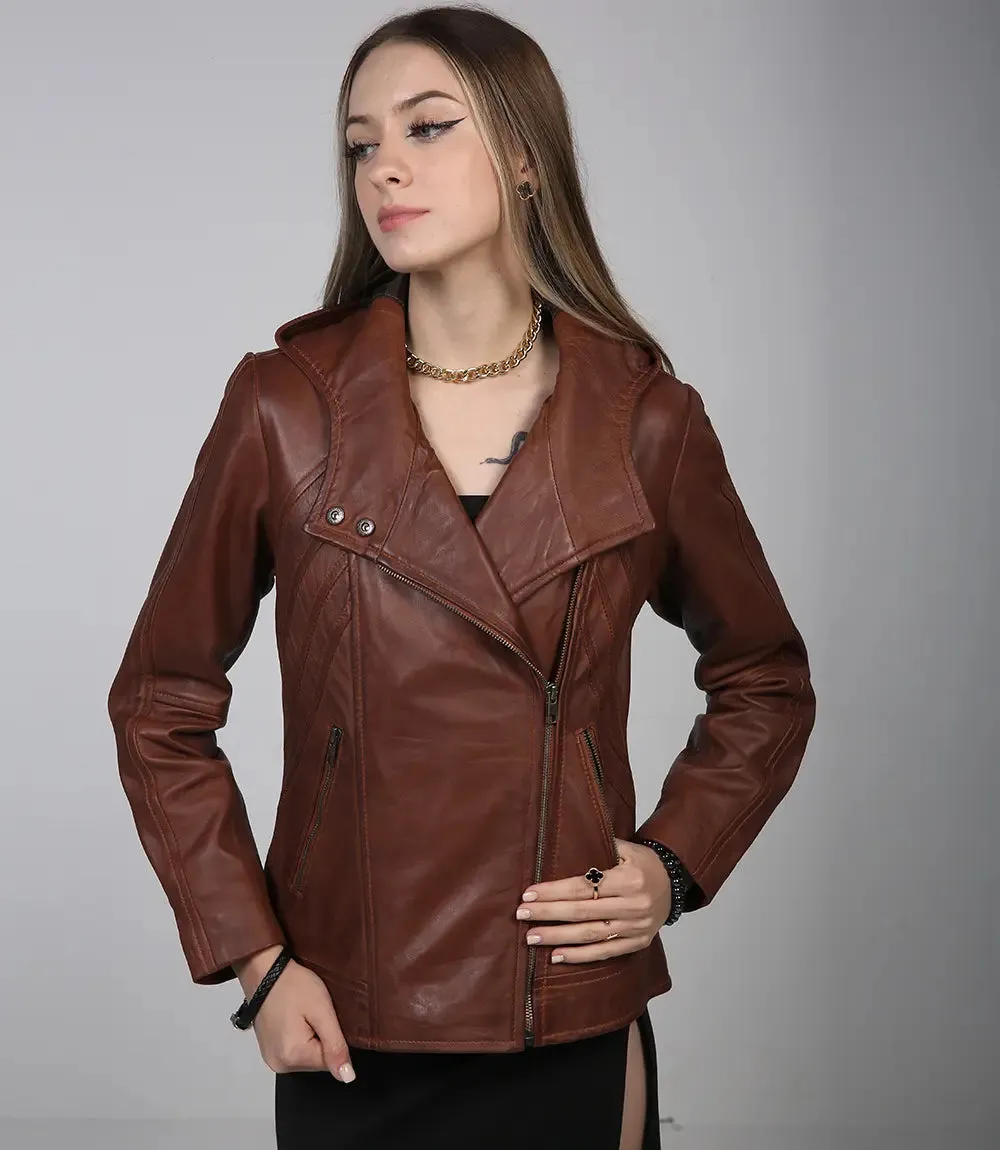 Cidra Women Asymmetrical Brown Hooded Leather Jacket