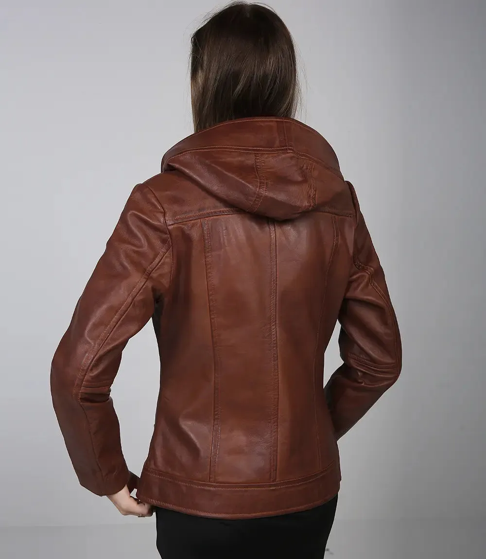 Cidra Women Asymmetrical Brown Hooded Leather Jacket