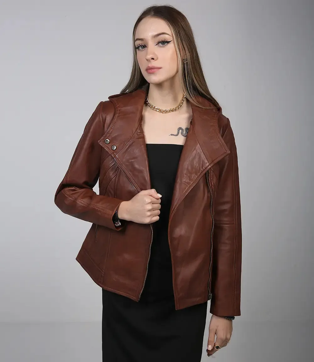 Cidra Women Asymmetrical Brown Hooded Leather Jacket