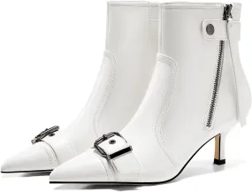 Coutgo Womens Kitten Heel Ankle Boots Pointed Toe Buckle Side Zipper Tassel Fall Winter Booties Shoes