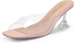 DREAM PAIRS Women’s Clear Heels Square Toe High Stiletto Mules Slip on Wedding Dress Heel Sandals