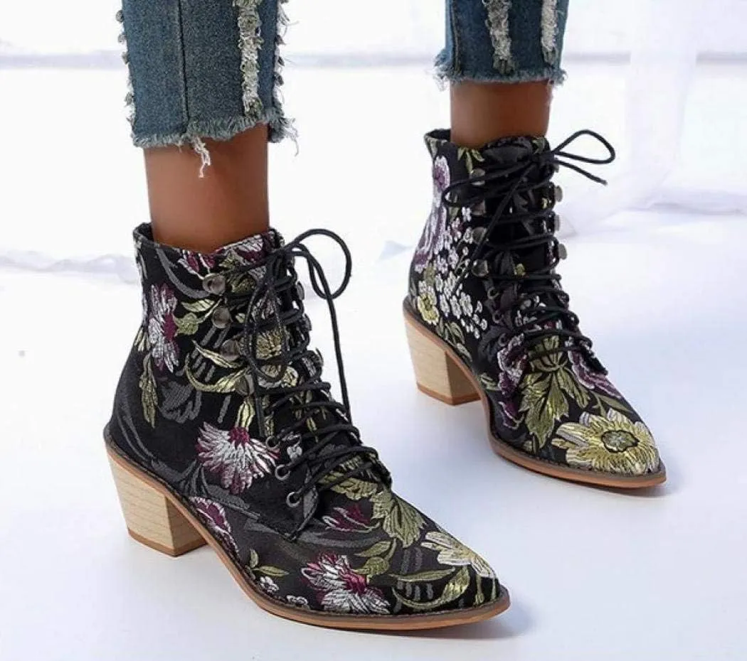 Gets Womens Vintage Floral Embroidered Block Heel Cowboy Boots Heighten Ankle Booties