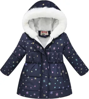 Girls Winter Hooded Coat Water-proof Fashion Print Fleece Warm Fr Collar Zip Mid Length Padded Coat Fall Jacket 4t