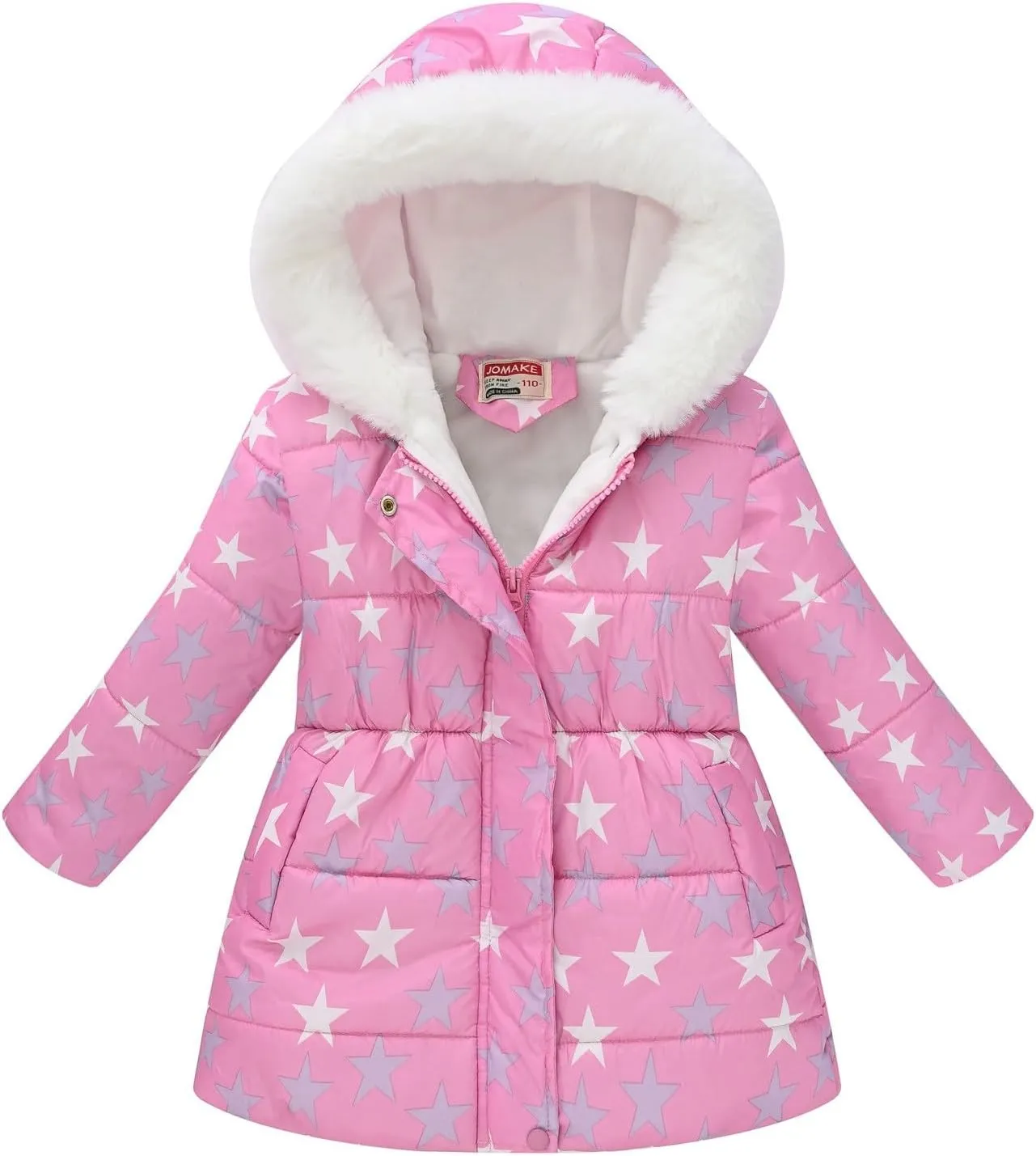 Girls Winter Hooded Coat Water-proof Fashion Print Fleece Warm Fr Collar Zip Mid Length Padded Coat Fall Jacket 4t
