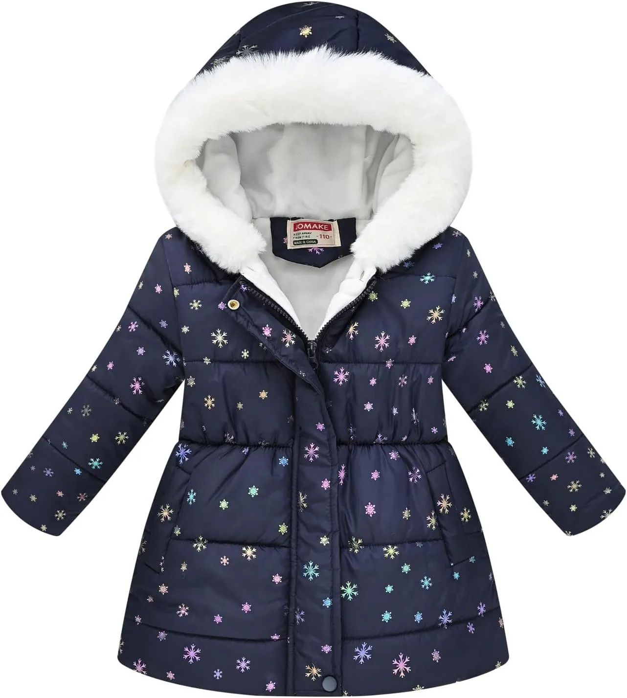 Girls Winter Hooded Coat Water-proof Fashion Print Fleece Warm Fr Collar Zip Mid Length Padded Coat Fall Jacket 4t