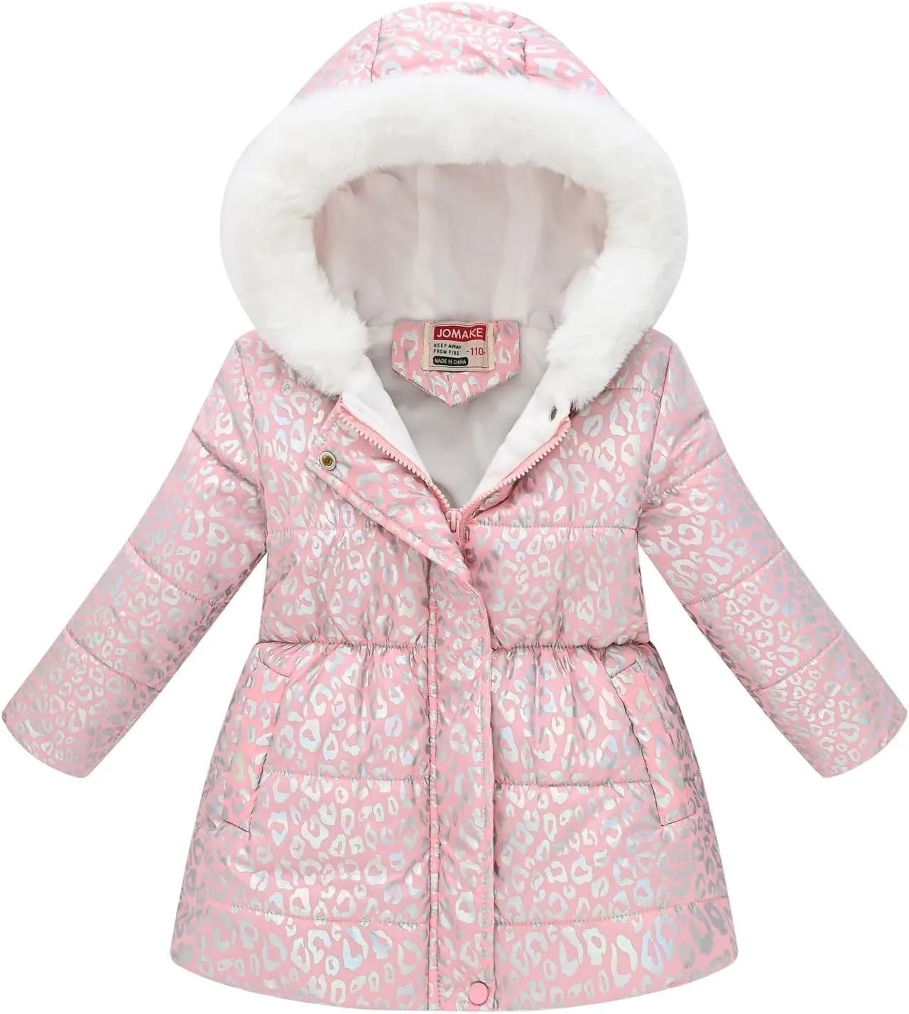 Girls Winter Hooded Coat Water-proof Fashion Print Fleece Warm Fr Collar Zip Mid Length Padded Coat with Pocket