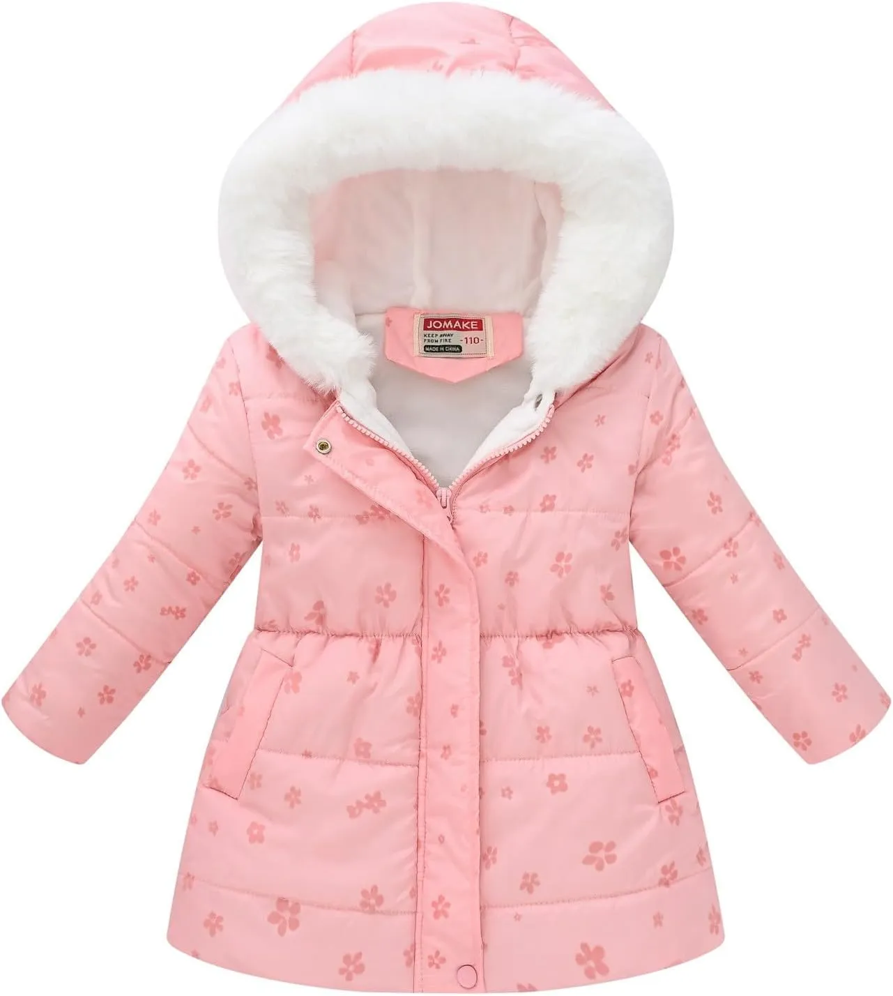 Girls Winter Hooded Coat Water-proof Fashion Print Fleece Warm Fr Collar Zip Mid Length Padded Coat with Pocket