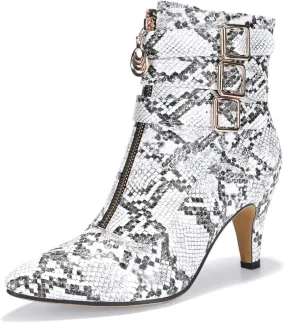 IDIFU Women's Buckle Strap Ankle Booties 3 Inch Pointed Toe Zipper Heels Dress Jeans Boots