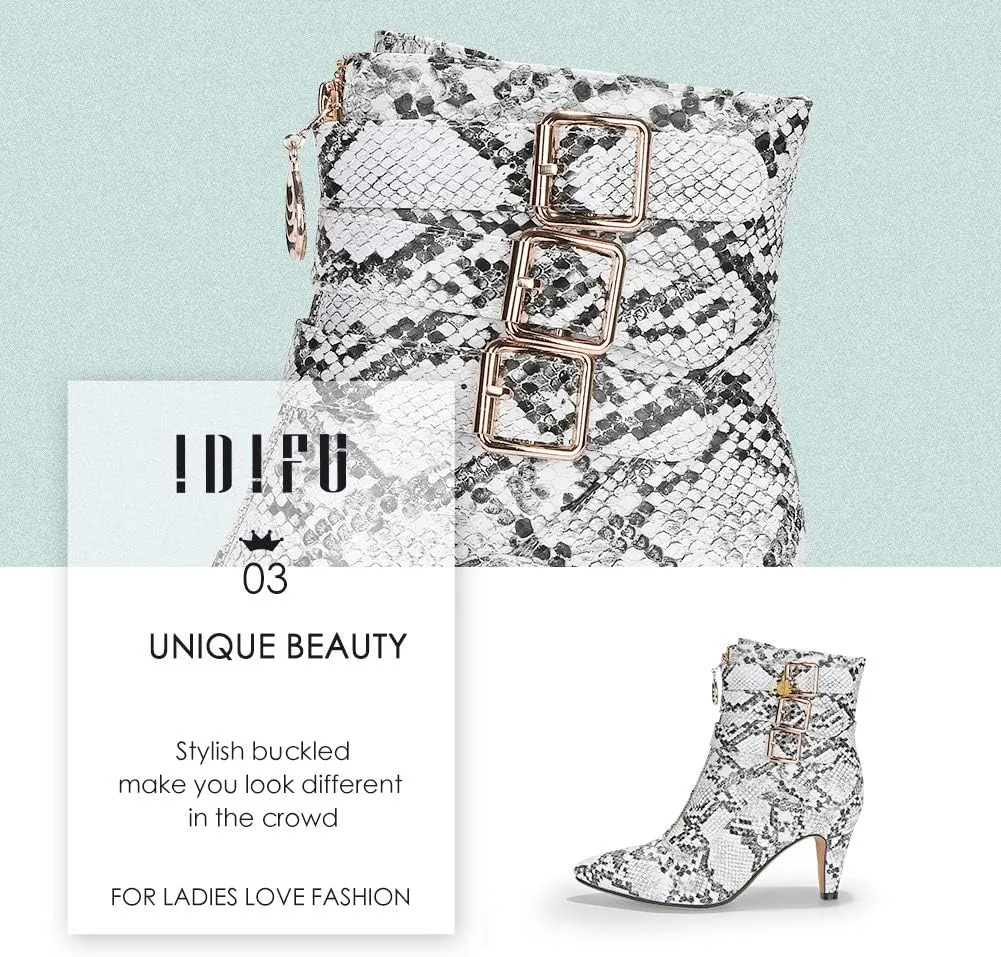 IDIFU Women's Buckle Strap Ankle Booties 3 Inch Pointed Toe Zipper Heels Dress Jeans Boots