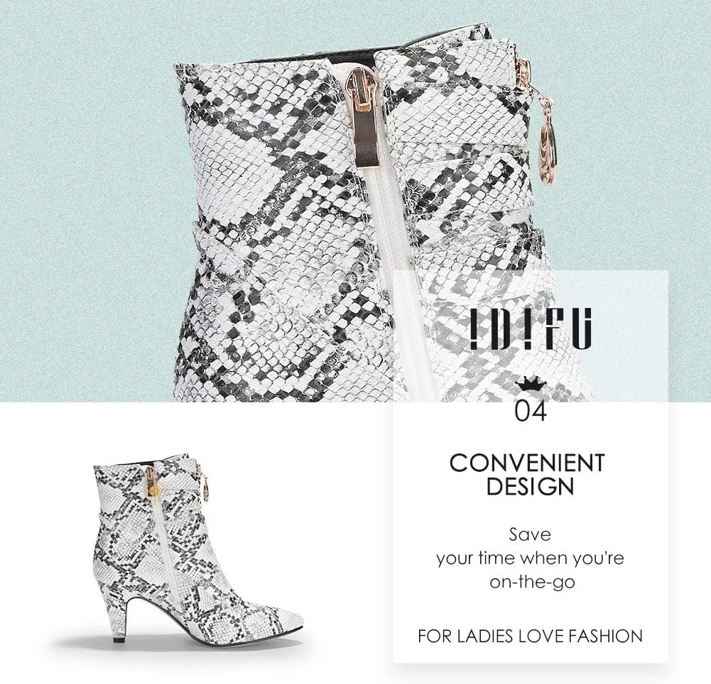 IDIFU Women's Buckle Strap Ankle Booties 3 Inch Pointed Toe Zipper Heels Dress Jeans Boots