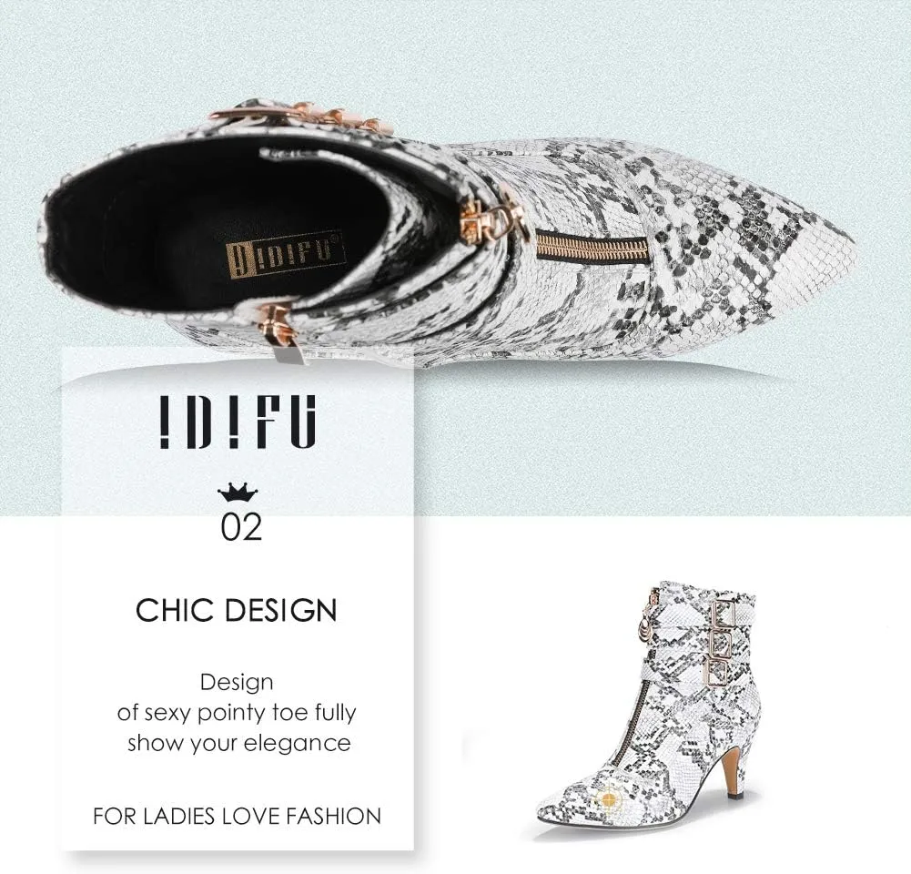 IDIFU Women's Buckle Strap Ankle Booties 3 Inch Pointed Toe Zipper Heels Dress Jeans Boots