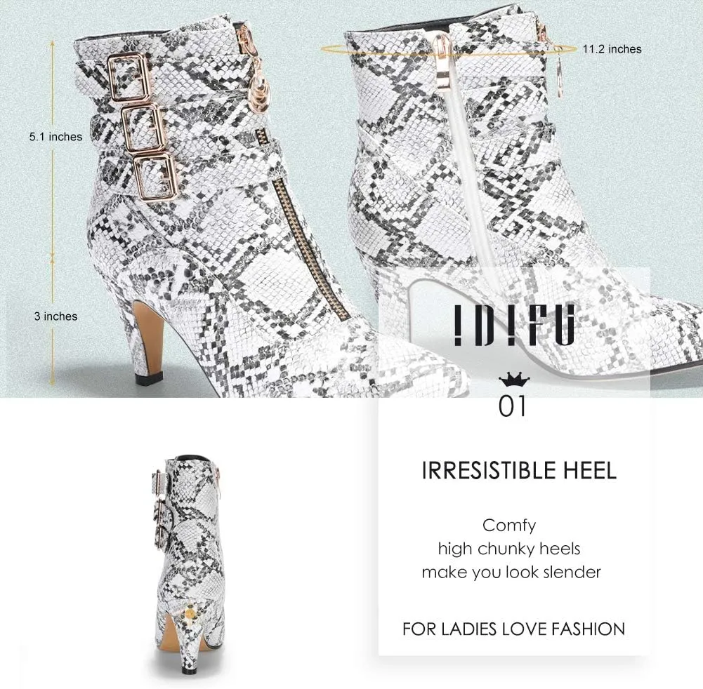 IDIFU Women's Buckle Strap Ankle Booties 3 Inch Pointed Toe Zipper Heels Dress Jeans Boots