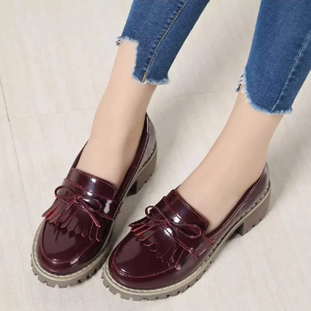 JITUUE Penny Loafers for Women Flat Sandals Chunky Low Heels Slip on Patent Leather Mary Jane Shoes with Bow Tassel