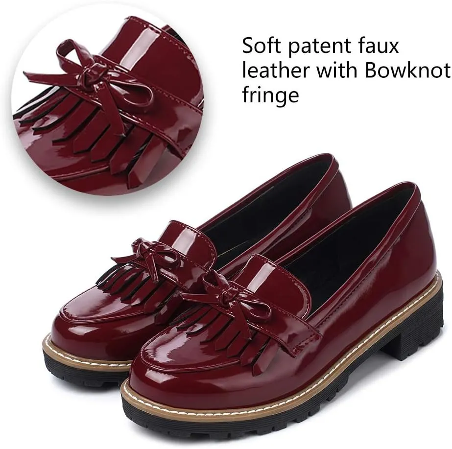 JITUUE Penny Loafers for Women Flat Sandals Chunky Low Heels Slip on Patent Leather Mary Jane Shoes with Bow Tassel