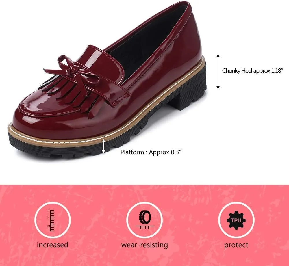 JITUUE Penny Loafers for Women Flat Sandals Chunky Low Heels Slip on Patent Leather Mary Jane Shoes with Bow Tassel