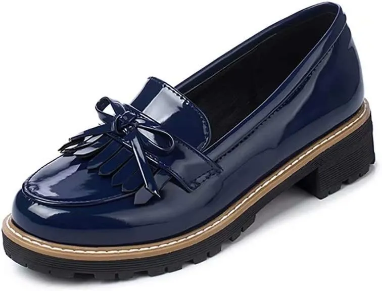 JITUUE Penny Loafers for Women Flat Sandals Chunky Low Heels Slip on Patent Leather Mary Jane Shoes with Bow Tassel