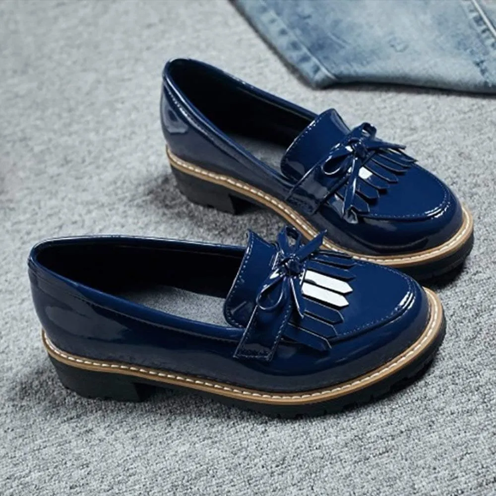 JITUUE Penny Loafers for Women Flat Sandals Chunky Low Heels Slip on Patent Leather Mary Jane Shoes with Bow Tassel