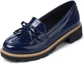 JITUUE Penny Loafers for Women Flat Sandals Chunky Low Heels Slip on Patent Leather Mary Jane Shoes with Bow Tassel
