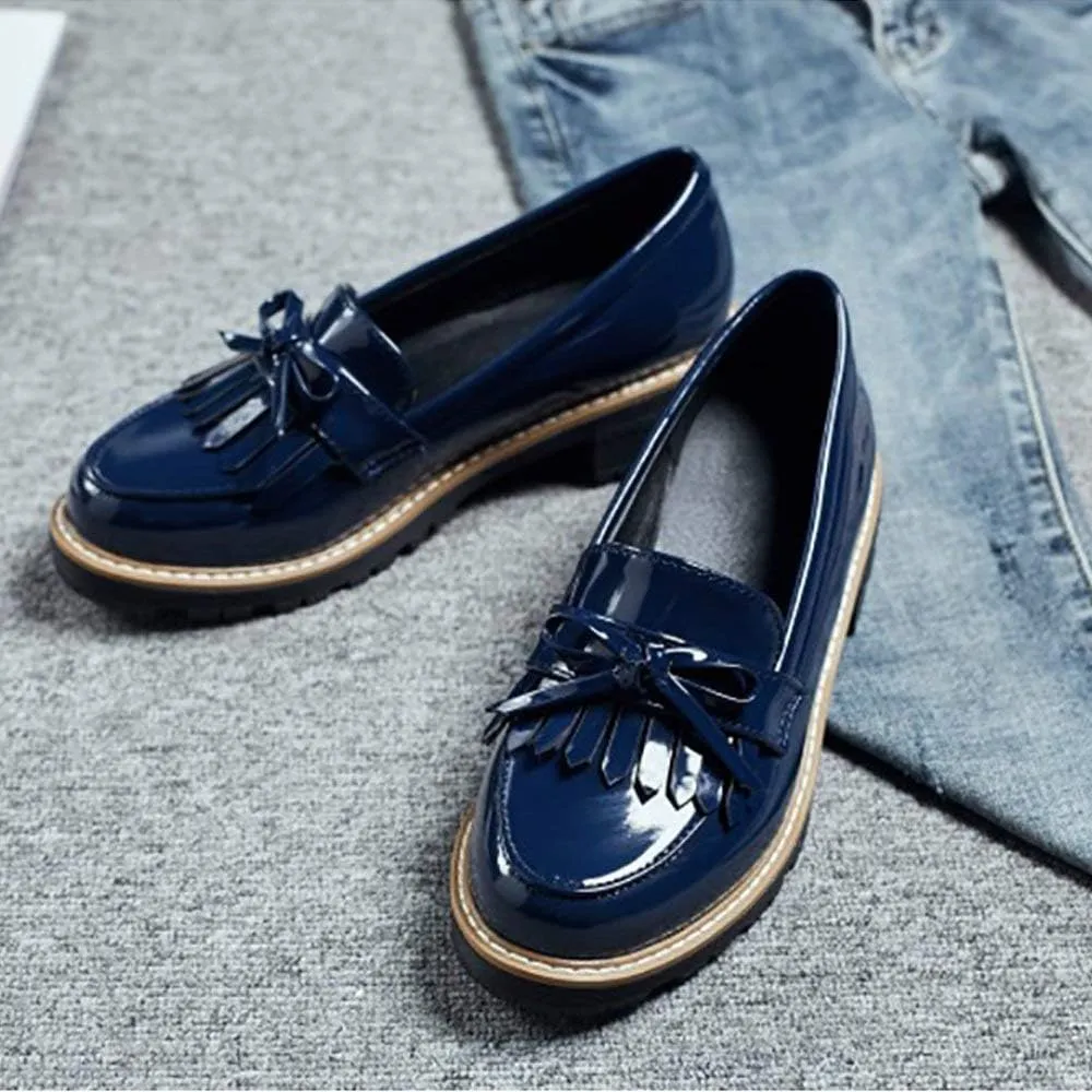JITUUE Penny Loafers for Women Flat Sandals Chunky Low Heels Slip on Patent Leather Mary Jane Shoes with Bow Tassel