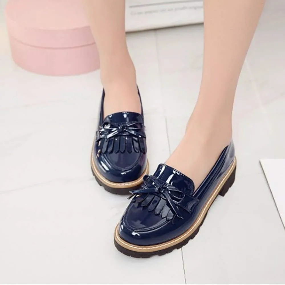 JITUUE Penny Loafers for Women Flat Sandals Chunky Low Heels Slip on Patent Leather Mary Jane Shoes with Bow Tassel