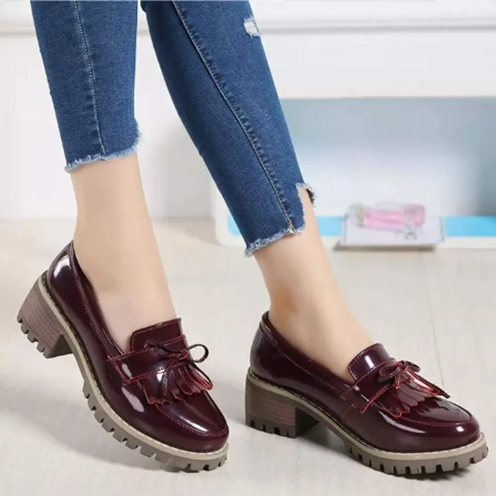 JITUUE Penny Loafers for Women Flat Sandals Chunky Low Heels Slip on Patent Leather Mary Jane Shoes with Bow Tassel