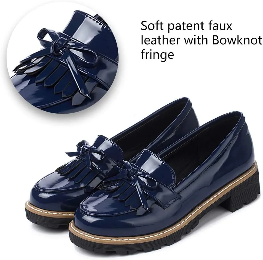 JITUUE Penny Loafers for Women Flat Sandals Chunky Low Heels Slip on Patent Leather Mary Jane Shoes with Bow Tassel