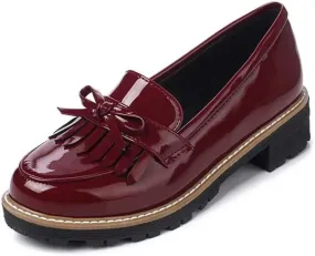 JITUUE Penny Loafers for Women Flat Sandals Chunky Low Heels Slip on Patent Leather Mary Jane Shoes with Bow Tassel