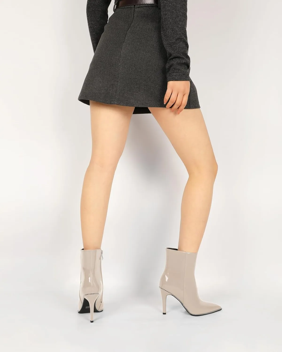 Joseywade Ankle Boots High Heel Boots Women Pointed Toe Stiletto Thin Slim Heel Booties Side Zipper Beaded Short Boots Shoes