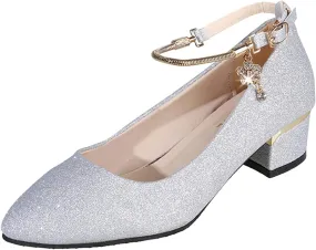 Low Block Heels for Women Sparkly Dress Shoes Closed Toe Mary Janes Chunky Heel Pumps Round Toe Wedding Shoes