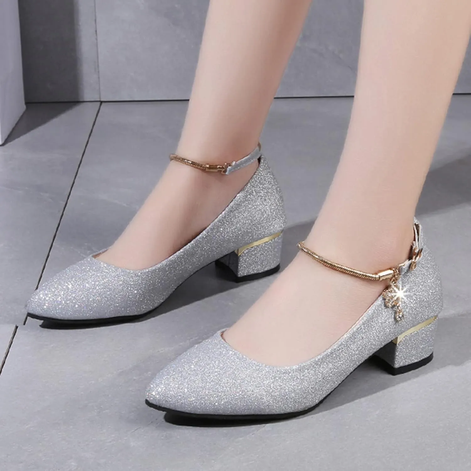 Low Block Heels for Women Sparkly Dress Shoes Closed Toe Mary Janes Chunky Heel Pumps Round Toe Wedding Shoes