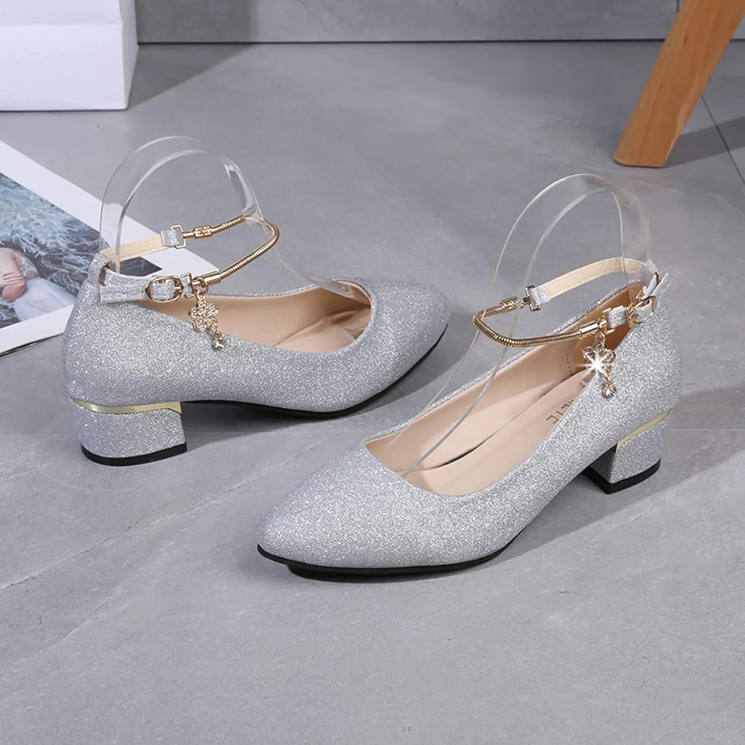 Low Block Heels for Women Sparkly Dress Shoes Closed Toe Mary Janes Chunky Heel Pumps Round Toe Wedding Shoes