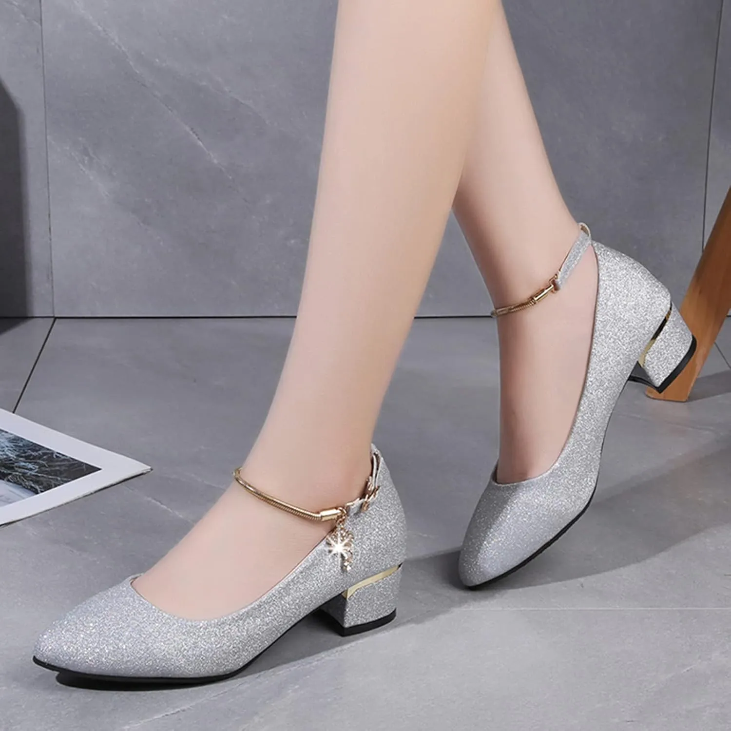 Low Block Heels for Women Sparkly Dress Shoes Closed Toe Mary Janes Chunky Heel Pumps Round Toe Wedding Shoes