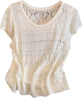 MakeMeChic Women's Crochet Knitted Top Crew Neck Short Sleeve Scallop Lightweight Pullover Tops