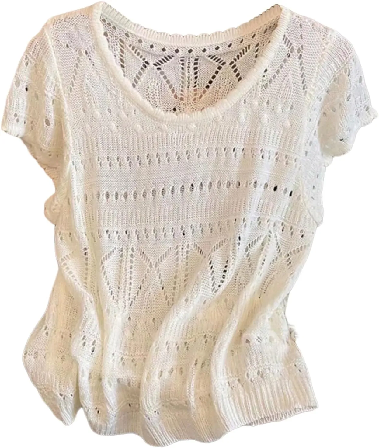 MakeMeChic Women's Crochet Knitted Top Crew Neck Short Sleeve Scallop Lightweight Pullover Tops