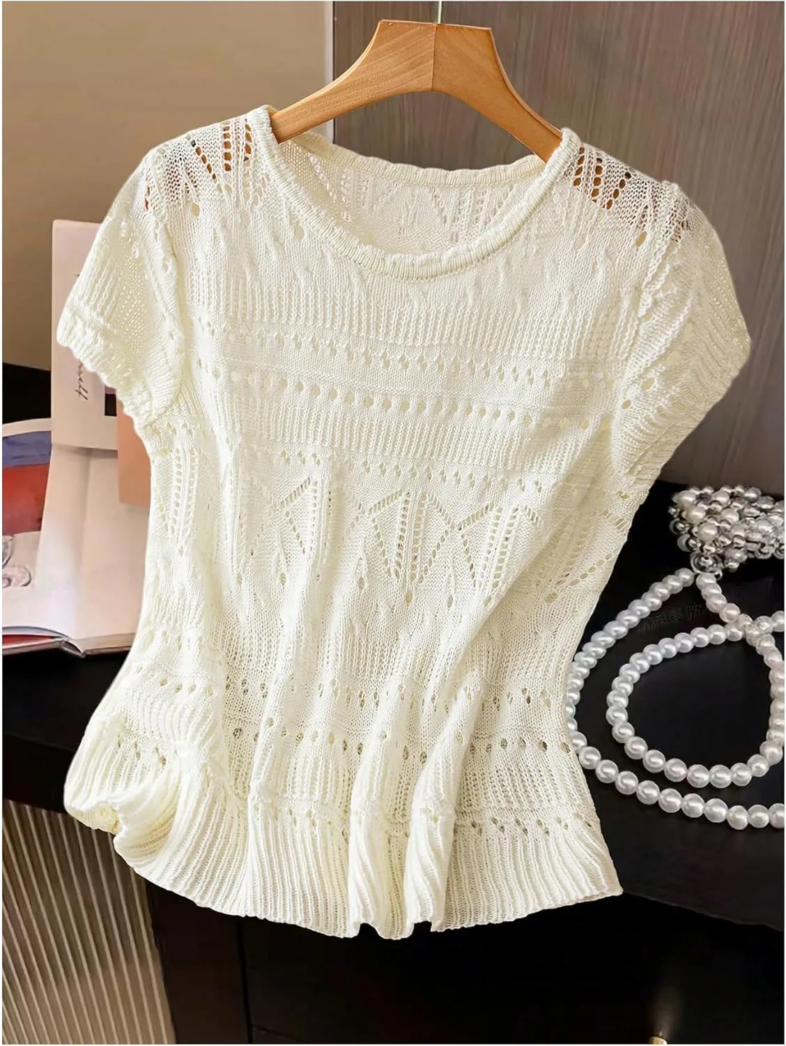 MakeMeChic Women's Crochet Knitted Top Crew Neck Short Sleeve Scallop Lightweight Pullover Tops
