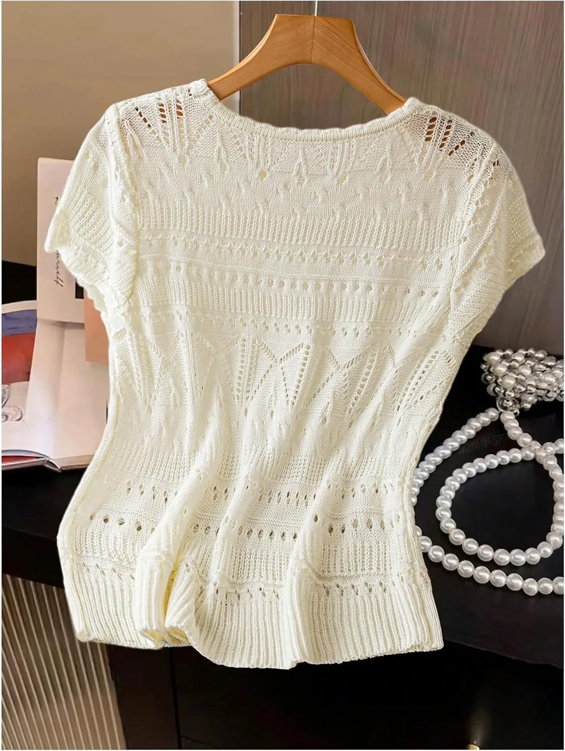 MakeMeChic Women's Crochet Knitted Top Crew Neck Short Sleeve Scallop Lightweight Pullover Tops