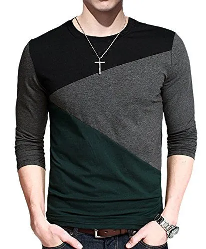 MEN'S CONTRAST COLOR STITCHING CREW NECK LONG SLEEVE BASICT-SHIRT TOP (TAG M= S( US 36 ), GREEN)