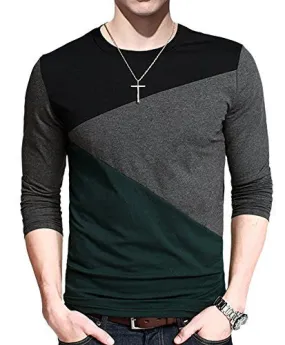 MEN'S CONTRAST COLOR STITCHING CREW NECK LONG SLEEVE BASICT-SHIRT TOP (TAG M= S( US 36 ), GREEN)