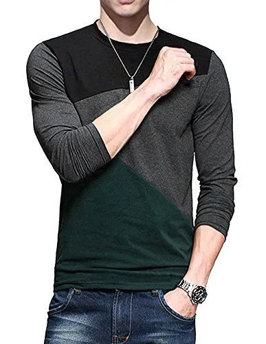 MEN'S CONTRAST COLOR STITCHING CREW NECK LONG SLEEVE BASICT-SHIRT TOP (TAG M= S( US 36 ), GREEN)