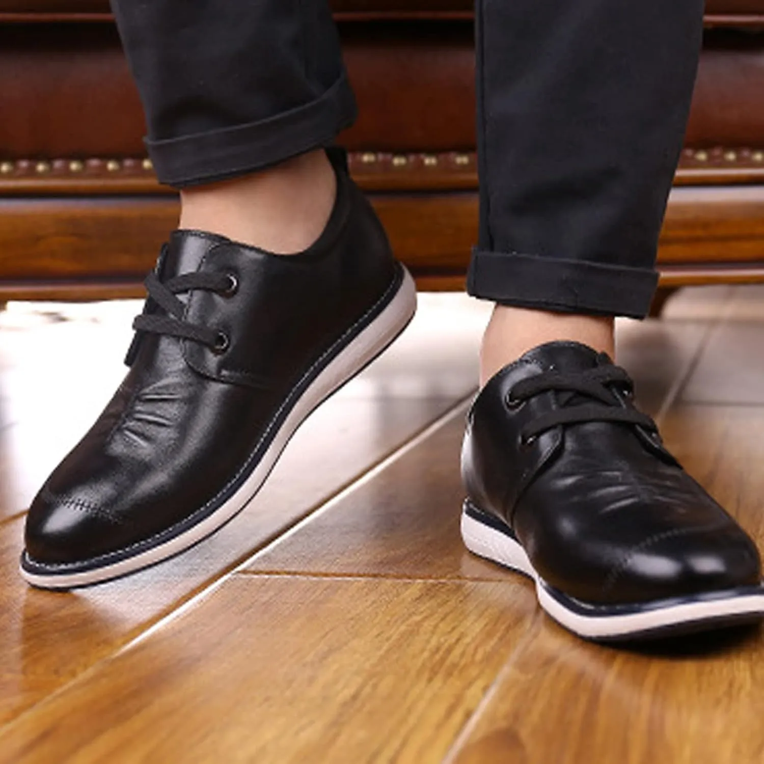 Mens Leather Lace up Flat Low Top Breathable Loafers, Outdoor Non-Slip Comfort Soft Oxford Walking Driving Work Shoes