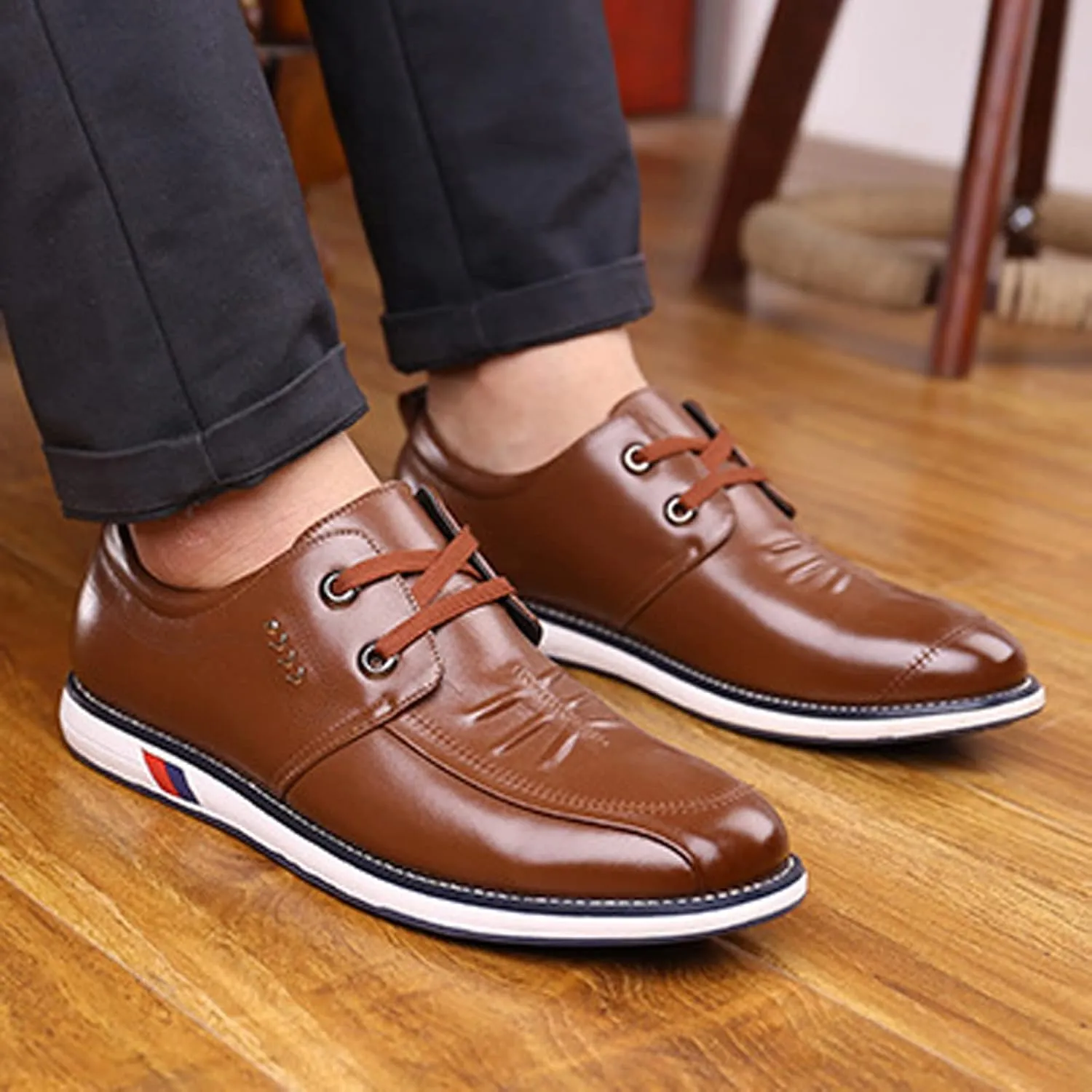 Mens Leather Lace up Flat Low Top Breathable Loafers, Outdoor Non-Slip Comfort Soft Oxford Walking Driving Work Shoes