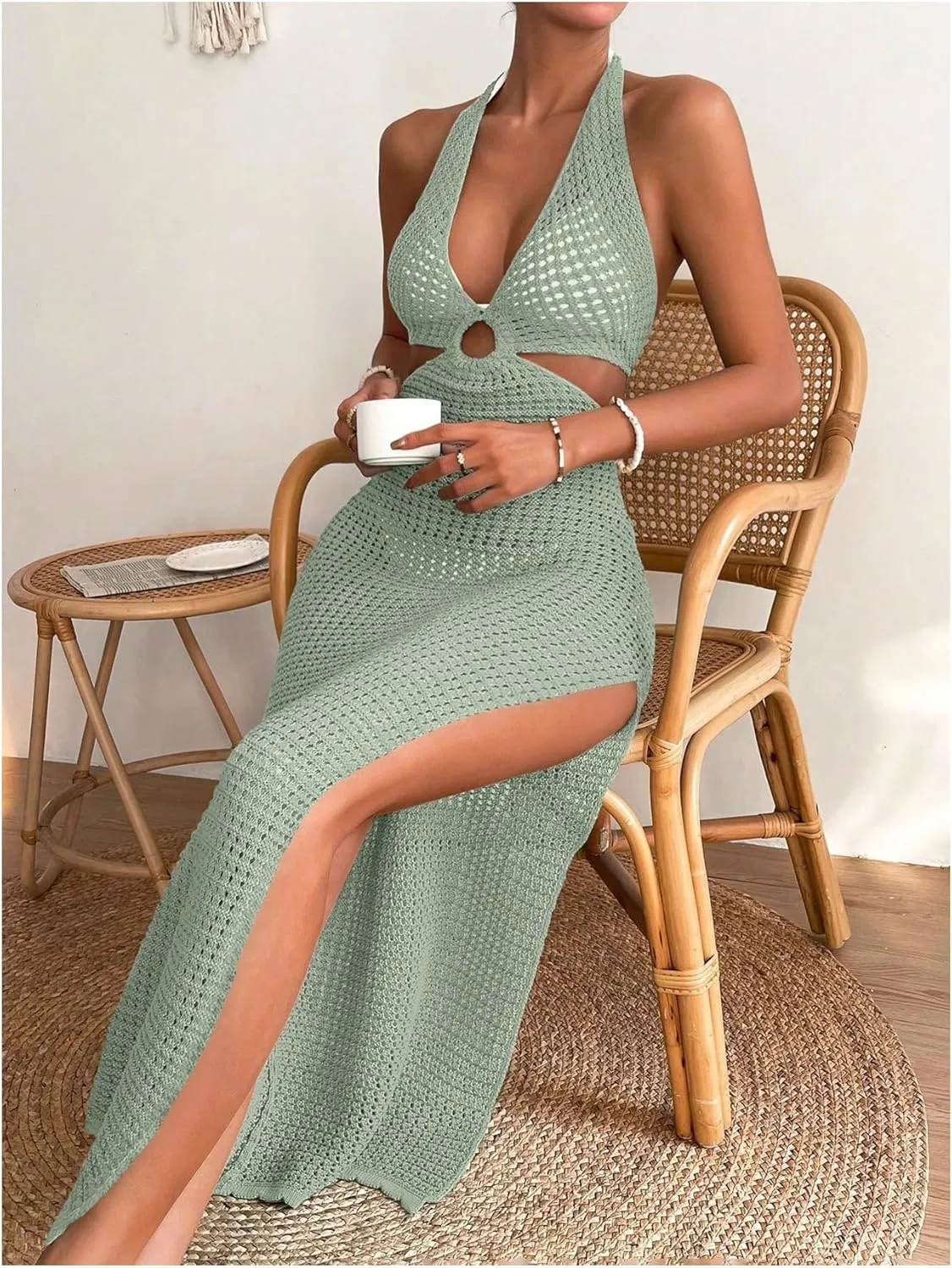 OYOANGLE Women's Crochet Halter Sleeveless Bikini Dresses V Neck Split Cover Up Long Dress